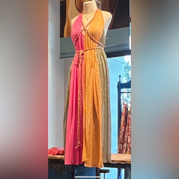 Anthropologie Color Block Braided Maxi Dress Pink Combo